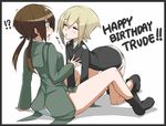  2girls all_fours bad_id bad_pixiv_id blonde_hair blush boots brown_eyes brown_hair character_name closed_eyes embarrassed english erica_hartmann gertrud_barkhorn happy_birthday imminent_kiss long_sleeves military military_uniform multiple_girls panties shokuen_shiwe short_hair sitting strike_witches trembling underwear uniform world_witches_series 