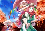  :d angry ascot autumn autumn_leaves bat_wings blonde_hair blue_eyes blue_hair bow braid carrying cloud day fingernails flandre_scarlet hat highres hong_meiling izayoi_sakuya kinsenka leaf long_hair maid maid_headdress maple_leaf multiple_girls open_mouth outdoors piggyback pointing pointing_forward pointy_ears rainbow_order red_eyes red_hair remilia_scarlet ribbon short_hair side_ponytail silver_hair sky smile touhou tree twin_braids umbrella v-shaped_eyebrows wings wrist_cuffs 