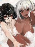  :d bathing black_hair blush breast_press breasts dark_skin large_breasts long_hair looking_at_viewer multiple_girls nude open_mouth original pupps red_eyes short_hair silver_hair sketch smile soap_bubbles 