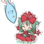  animal_ears arm_ribbon bell bow cat_ears cat_tail chibi closed_eyes dress fish frills front_ponytail green_hair hair_bow hair_ornament hair_ribbon kagiyama_hina kemonomimi_mode komakoma_(magicaltale) long_hair open_mouth outstretched_arms red_dress ribbon simple_background solo tail tail_bell tail_bow touhou trembling white_background 