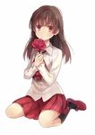  bad_id bad_pixiv_id brown_hair dress flower ib ib_(ib) kneeling long_hair red_eyes red_flower red_rose rose solo yuzuki_karu 