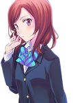  blazer blue_bow bow bowtie hair_twirling jacket long_sleeves looking_at_viewer love_live! love_live!_school_idol_project nishikino_maki nishiuri_warito otonokizaka_school_uniform pink_eyes purple_eyes red_hair school_uniform simple_background solo striped striped_bow striped_neckwear upper_body white_background 