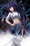  asymmetrical_clothes belt black_hair breasts highres kanzaki_kaori large_breasts long_hair midriff navel oota_takeshi ponytail purple_eyes single_pantsleg solo to_aru_majutsu_no_index very_long_hair 