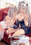  :p absurdres babydoll bare_legs bare_shoulders black_babydoll black_panties breast_licking breasts cleavage couch cream cup dengeki_moeou food green_eyes hair_ribbon highres large_breasts licking long_hair multiple_girls navel nipple_slip nipples no_panties off_shoulder panties purple_eyes ribbon scan see-through silver_hair sitting strap_slip supertie teacup thighhighs tongue tongue_out two_side_up underwear wariza white_babydoll white_legwear yuri 