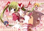  :d absurdres apron argyle argyle_background ass black_lemon-chan blonde_hair blue_eyes blue_hair feathers flower frilled_apron frilled_cuffs frilled_legwear frilled_skirt frills garter_belt green_hair hair_ribbon heart highres inugami_kira leg_garter lemon-chan looking_at_viewer melon-chan melonbooks multiple_girls open_mouth panties petals pink_legwear pink_panties ribbon rose rose_petals skirt smile striped striped_panties tareme thighhighs underwear white_legwear wrist_cuffs 