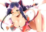  ahri animal_ears bad_id bad_pixiv_id bare_shoulders braid breasts cleavage fox_ears fox_tail heart jinichu korean_clothes large_breasts league_of_legends long_hair multiple_tails one_eye_closed purple_hair single_braid solo tail yellow_eyes 