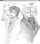  2boys artoria_pendragon_(all) atsuyu bad_id bad_pixiv_id check_translation cosplay costume_switch crossover emiya_kiritsugu emiya_kiritsugu_(cosplay) fate/zero fate_(series) formal greyscale jojo_no_kimyou_na_bouken killer_queen kira_yoshikage kira_yoshikage_(cosplay) koyama_rikiya monochrome multiple_boys necktie parody saber seiyuu_connection sketch stand_(jojo) suit traditional_media translation_request 