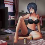  alarm_clock bad_id bad_pixiv_id barefoot bed bedroom beer_can black_bra black_panties blue_hair blush bra breasts can cleavage clock collarbone curtains food hand_on_own_knee hat hat_removed hat_ribbon headwear_removed highres hinanawi_tenshi hitachi_magic_wand indoors kuroba_rapid medium_breasts messy_room midriff multiple_girls nagae_iku navel noodles panties peeping pillow ramen red_eyes ribbon short_hair sitting solo_focus spread_legs stalking table television tissue_box touhou trash underwear underwear_only vibrator watching_television when_you_see_it 