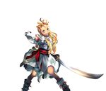 absurdres adapted_costume blonde_hair bloomers blue_eyes boots crown cyberbots devilot_de_deathsatan_ix dress flat_chest forehead grin hair_slicked_back highres japanese_clothes juno_jeong long_hair obi official_art onimusha_soul pointing pointing_forward sash smile solo sword underwear weapon 