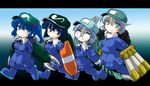  arm_cannon back backpack bag blue_eyes blue_hair blush boots breasts claws cosplay dark_haired_kappa glasses glasses_kappa green_eyes grey_hair gundam gundam_0080 gundam_unicorn gundam_zz hat hygogg jetpack juaggu kapool kappa_mob kawashiro_nitori kieyza long_hair medium_breasts missile mobile_suit_gundam multiple_girls short_hair skirt smile touhou turn_a_gundam two_side_up weapon z'gok 