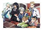  3boys angry bag beret black_hair black_hat blue_hair brown_hair cabbage cat crossed_arms eating elle_mel_martha food formal fruit gaius_(tales) glasses gloves green_eyes groceries grocery_bag hand_on_another's_head hat height_difference julius_will_kresnik kiragera light_blue_hair long_hair ludger_will_kresnik lulu_(tales) maebari multicolored_hair multiple_boys multiple_girls muzet_(tales) necktie orange potato red_eyes shopping_bag smile spring_onion suit tales_of_(series) tales_of_xillia tales_of_xillia_2 tomato twintails two-tone_hair white_hair 