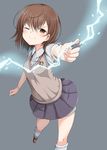  armpit_peek bad_id bad_pixiv_id brown_eyes brown_hair coin electricity hair_ornament hairpin highres misaka_mikoto rosettastone school_uniform skirt solo to_aru_kagaku_no_railgun to_aru_majutsu_no_index 