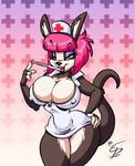  big_breasts black_fur black_lips black_nose breasts cleavage clothed clothing dress eltonpot female fur hair hat hybrid kangaroo lips looking_at_viewer makeup mammal marsupial nurse open_mouth panda panties panty_shot pink_hair purple_eyes short_hair skimpy smile solo standing sushi_(character) thermometer thick_thighs thighs tongue underwear white_fur wide_hips 