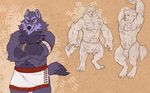  biceps black_nose blue_fur bracelet bulge canine chest_tuft chubby clothing crossed_arms fangs flexing fur hairy jewelry loincloth male mammal model_sheet muscles nipples pecs pose red_eyes rome_(artist) shorts solo standing stretching topless tuft wolf wristband 