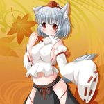  animal_ears blush breasts covered_nipples detached_sleeves hat inubashiri_momiji leaf medium_breasts navel no_bra panties red_eyes riku_(rikkuru) short_hair sideboob silver_hair sleeves_past_wrists solo tail tokin_hat touhou underwear white_panties wide_sleeves wolf_ears wolf_tail 