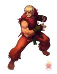  barefoot blonde_hair dougi facial_hair fighting_stance fingerless_gloves full_body gloves grin hair_over_one_eye ken_masters male_focus muscle scott_stoddard sleeveless smile solo street_fighter stubble toes 