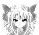  closed_mouth face folko greyscale hair_ribbon looking_at_viewer mondaiji-tachi_ga_isekai_kara_kuru_sou_desu_yo? monochrome pest_(mondaiji) ribbon short_hair sidelocks smile 