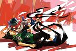  1boy 1girl battle black_hair eye_contact flute hat helmet instrument looking_at_another lying nara_shikamaru naruto on_back red_hair tayuya 