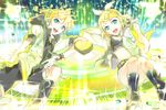  1boy 1girl aqua_eyes blonde_hair brother_and_sister gloves hair_ornament hair_ribbon hairclip headphones headset hood hoodie jacket kagamine_len kagamine_len_(append) kagamine_rin kagamine_rin_(append) leg_warmers navel open_clothes open_jacket ribbon short_hair shorts siblings smile tank_top twins vocaloid vocaloid_append 
