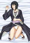  1girl bed bed_sheet black_hair bow bow_panties eyes_closed feet fishnets from_above japanese_clothes kimono lying naruto obi on_back panties sash shizune_(naruto) short_hair sleeping solo tk_(tk&#039;s_level4) tk_(tk's_level4) toes underwear white_panties 