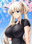  black_dress blue_eyes breasts cherry_blossoms covered_nipples day dress hair_ribbon hand_on_own_chest impossible_clothes impossible_dress jewelry kafu large_breasts mabinogi nao_(mabinogi) necklace outdoors ribbon solo twintails white_hair 