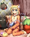  animal_costume barefoot black_jelly blue_eyes blush cat_costume closed_eyes food fruit green_hair heart heart_of_string kaenbyou_rin kaenbyou_rin_(cat) komeiji_koishi reiuji_utsuho reiuji_utsuho_(bird) short_hair smile solo strawberry stuffed_animal stuffed_toy third_eye touhou 