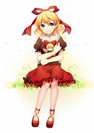  blonde_hair blue_eyes bow doll doll_hug full_body hair_bow hair_ornament jenevan looking_at_viewer medicine_melancholy shirt shoes short_hair short_sleeves sitting skirt smile solo su-san touhou wings 