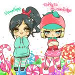  bad_id bad_pixiv_id black_hair blonde_hair blue_eyes candy candy_cane character_name chibi crossed_arms double_vertical_stripe food full_body hands_on_own_face hood hoodie lollipop long_hair long_sleeves looking_at_viewer multiple_girls ponytail smile standing striped taffyta_muttonfudge vanellope_von_schweetz wreck-it_ralph yellow_eyes yukimuchi 