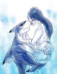  anthro biceps blue_eyes blue_skin blush claws clothing couple cuddling dorsal_fin duo eyes_closed eyewear female fin fish glasses grin gripping hair holding hug human invalid_color long_hair male mammal marine muscles pants pecs plain_background pose romantic sachiko scales shark shirt sketch smile standing sunglasses toned topless white_skin 