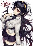  black_hair black_legwear breasts copyright_name filia_(skullgirls) finger_to_mouth heart large_breasts long_hair microskirt midriff necktie red_eyes samson_(skullgirls) shirt shrimpman single_thighhigh skirt skullgirls teeth thighhighs very_long_hair white_background wing_collar yellow_eyes 