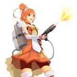  ahoge bike_shorts bridal_gauntlets choker commentary cure_sunny elrowa fang fire flamethrower hair_bun highres hino_akane_(smile_precure!) hokuto_no_ken obutsu_wa_shoudoku_da orange_(color) orange_eyes orange_hair orange_skirt precure red_choker red_shorts shorts shorts_under_skirt skirt smile_precure! solo thighhighs transparent_background weapon 