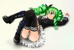  alternate_hairstyle barokkusu boots cross-laced_footwear dark_angel_(module) drill_hair green_eyes green_hair hatsune_miku himitsu_keisatsu_(vocaloid) lace-up_boots long_hair lying on_back panties project_diva_(series) project_diva_f skirt solo striped striped_panties thighhighs twin_drills twintails underwear vocaloid 