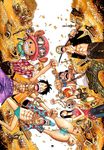  2girls absurdres black_hair blonde_hair blue_hair crown franky gold green_hair hair_over_one_eye highres monkey_d_luffy multiple_boys multiple_girls nami nami_(one_piece) nico_robin oda_eiichirou official_art one_piece open_clothes open_shirt orange_hair pink_hat roronoa_zoro sanji scar shirt smile sword tattoo tony_tony_chopper treasure usopp weapon 