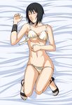  1girl bed bed_sheet black_hair bra eyes_closed feet from_above lying midriff naruto on_back panties panty_pull shizune_(naruto) short_hair sleeping solo tk_(tk&#039;s_level4) tk_(tk's_level4) toes underwear underwear_only white_bra white_panties 