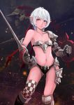  armor bikini_armor breasts brown_eyes earrings elrowa gauntlets greaves jewelry navel original pointy_ears shield short_hair single_thighhigh small_breasts solo sword thighhighs weapon white_hair 