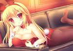  animal_ears ass blonde_hair bow bowtie breasts bunny_ears bunny_tail bunnysuit cleavage couch detached_collar fishnet_pantyhose fishnets large_breasts long_hair lying on_stomach original pantyhose red_eyes taiki_ken tail tongue tongue_out wrist_cuffs 