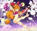  :d arm_up armpits barefoot blush bow commentary_request cup full_moon gourd hair_bow horn_ribbon horns ibuki_suika long_hair mitsubachi_koucha moon naked_scarf navel nude open_mouth orange_hair ribbon sakazuki scarf smile solo touhou wrist_cuffs 