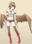  abo_(hechouchou) bird_wings black_hair black_legwear blouse boots camera cross-laced_footwear full_body hand_on_hip hat high_heels holding lace-up_boots looking_at_viewer low_wings pointy_ears red_eyes shameimaru_aya shirt shoes short_hair short_shorts short_sleeves shorts simple_background smile solo thighhighs tokin_hat touhou wings 