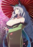  animal_ears bad_id bad_pixiv_id bare_shoulders blue_eyes breasts cherry_blossoms collarbone curly_hair fox_ears highres huge_breasts japanese_clothes kichihachi kimono leaf leaf_on_head long_hair oboro_muramasa off_shoulder oriental_umbrella silver_hair solo umbrella very_long_hair yuzuruha 