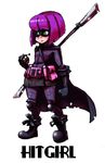  alex_ahad_(style) belt belt_pouch black_gloves bob_cut boots cape character_name double-blade explosive gloves green_eyes grenade hit-girl kick-ass knee_pads mask parody plaid plaid_skirt polearm pouch purple_hair sarikyou short_hair skirt skullgirls solo style_parody superhero weapon wig 