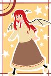  bat_wings black_eyes black_legwear blush_stickers border dress_shirt head_wings highres koakuma long_hair long_sleeves necktie no_lineart no_nose pantyhose poronegi red_hair ribbed_sweater shirt skirt slippers smile socks solo star sweater touhou white_shirt wings yellow_background 