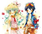  1boy 1girl armlet bad_id bad_pixiv_id blue_hair blush bracelet couple flower goggles goggles_on_head hair_flower hair_ornament hetero holding_hands jewelry momiji_(lucario) multicolored_hair nia_teppelin simon smile tengen_toppa_gurren_lagann traditional_media two-tone_hair watercolor_(medium) younger 