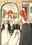  apron blue_eyes braid child curtains green_eyes grey_eyes hair_ribbon hands_on_shoulders height_difference hong_meiling izayoi_sakuya juliet_sleeves long_hair long_sleeves maid maid_headdress mirror multiple_girls painting_(object) puffy_sleeves red_hair ribbon shibasaki_shouji shirt short_hair silver_hair skirt sleeves_rolled_up smile touhou twin_braids window younger 
