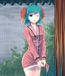  animal_ears cloud cloudy_sky collarbone colored_eyelashes dress dripping green_eyes green_hair highres kasodani_kyouko long_sleeves looking_at_viewer one_eye_closed open_mouth pink_skirt rain short_hair skirt sky solo touhou wet wet_clothes wet_dress wet_hair wringing_clothes yonaga_(masa07240) 