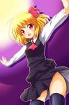  ascot blonde_hair dress_shirt fang from_below gradient gradient_background hair_ribbon light long_sleeves looking_at_viewer open_mouth outline purple_background red_eyes ribbon rumia shadow shirt short_hair skirt solo thighhighs touhou vest yakumo_nanahara 