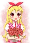  aikatsu! aikatsu!_(series) bad_id bad_pixiv_id blonde_hair blush bouquet crossed_arms flower hair_ribbon hoshimiya_ichigo long_hair looking_at_viewer niizuka_(c-drop) open_mouth red_eyes ribbon smile solo 