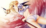  1girl armor ass blonde_hair blush cloud dutch_angle female hair_bun hair_up highres holding huge_ass komori_kei looking_at_viewer looking_back midriff panties princess_lover purple_eyes sheath short_hair silvia_van_hossen sky solo standing sword underwear unsheathing watermark weapon white_panties 