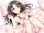  ayame_(norie11) bed black_eyes black_hair dress legs long_hair lying on_back original pillow smile solo 