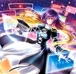  album_cover arm_ribbon black_dress blonde_hair cover dress gradient_hair hijiri_byakuren layered_dress long_hair long_sleeves multicolored_hair outstretched_arms outstretched_hand purple_hair ria ribbon smile solo touhou turtleneck very_long_hair virtual_reality white_dress wide_sleeves yellow_eyes 