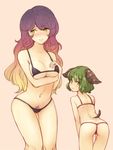  animal_ears ass bikini blonde_hair blush breasts gradient_hair green_eyes green_hair hijiri_byakuren kasodani_kyouko large_breasts long_hair looking_at_viewer multicolored_hair multiple_girls navel pubic_hair pubic_hair_peek purple_hair short_hair simple_background smile swimsuit tail thong_bikini touhou two-tone_hair urin yellow_eyes 